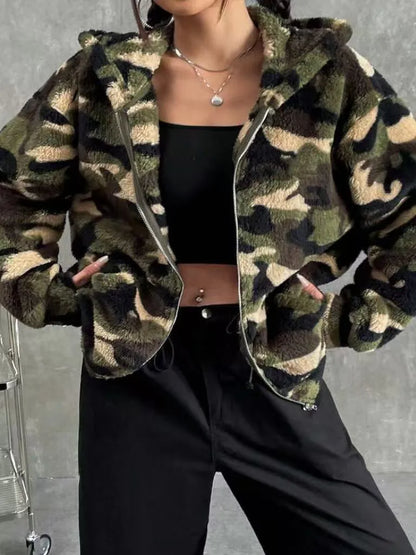 Camouflage Double-Sided Fluffy Zipper Hooded Open Cardigan
