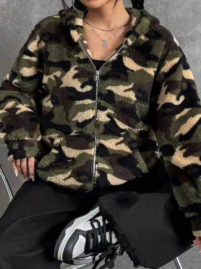 Camouflage Double-Sided Fluffy Zipper Hooded Open Cardigan