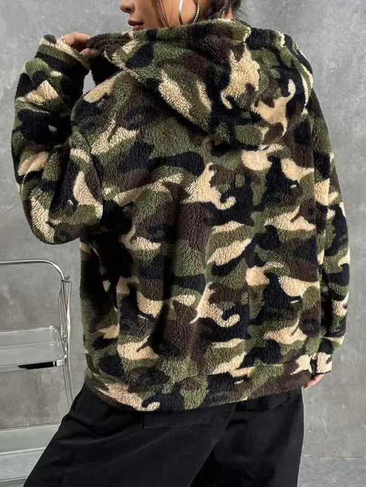 Camouflage Double-Sided Fluffy Zipper Hooded Open Cardigan