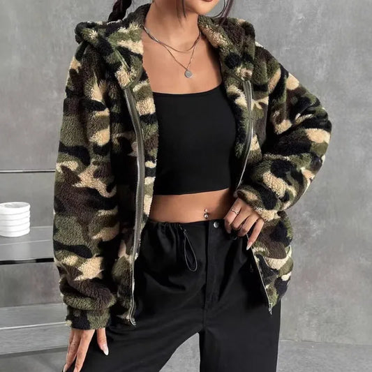 Camouflage Double-Sided Fluffy Zipper Hooded Open Cardigan
