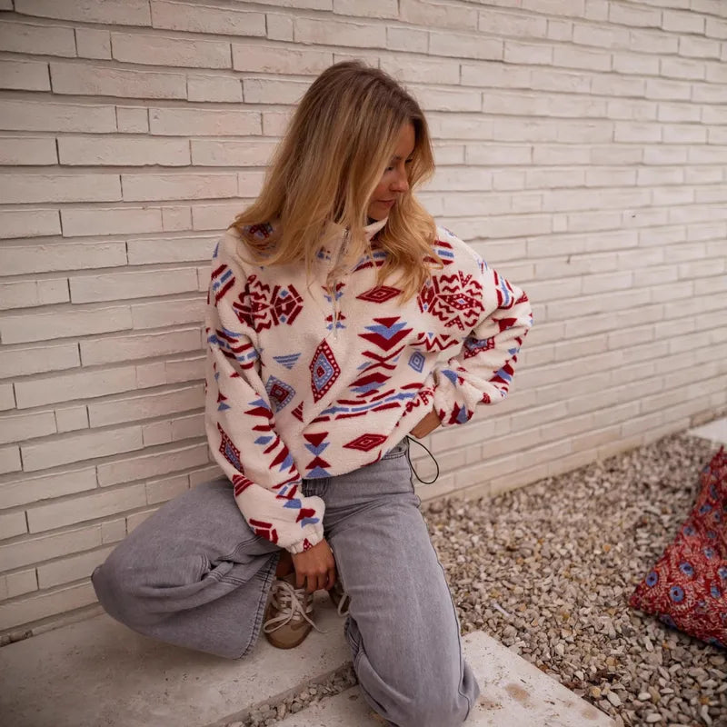 ✨ Double-Sided Fleece Hooded Sweatshirt – Geometric Print ✨