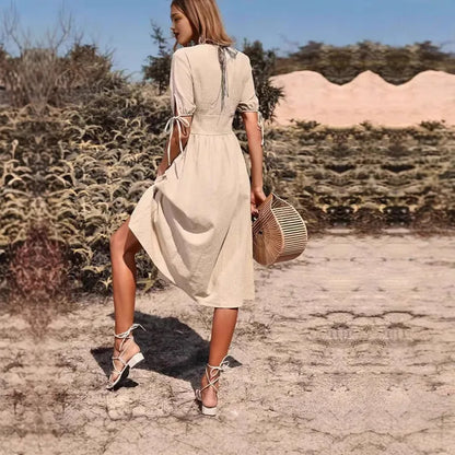 👗 Elegant Solid Colour V-Neck Midi Dress 👗
