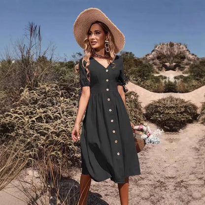 👗 Elegant Solid Colour V-Neck Midi Dress 👗