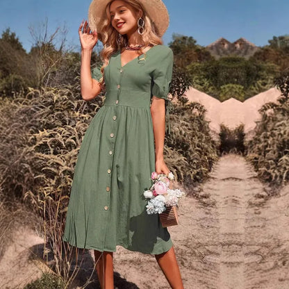 👗 Elegant Solid Colour V-Neck Midi Dress 👗
