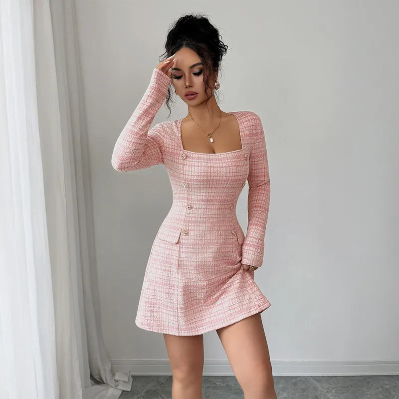 🌸 Women's Fashion Long Sleeve Pink Plaid Dress 🌸
