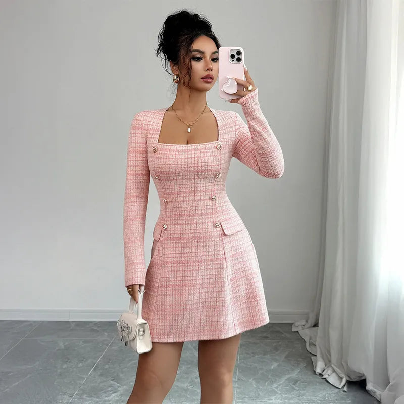 🌸 Women's Fashion Long Sleeve Pink Plaid Dress 🌸