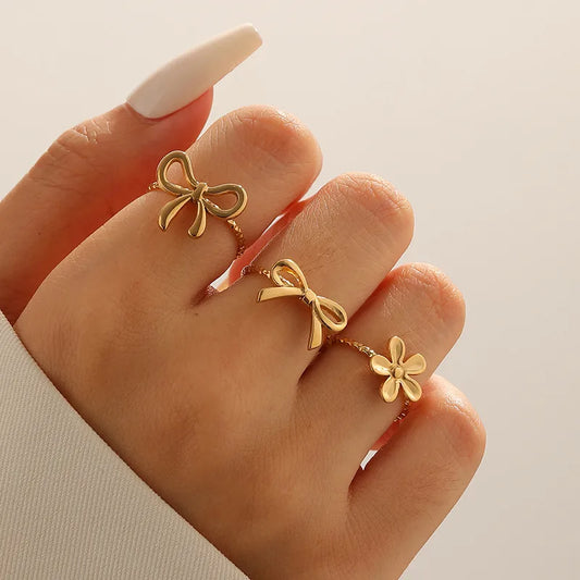 🎀✨ 3pc Gold Bow Adjustable Rings Set ✨🎀