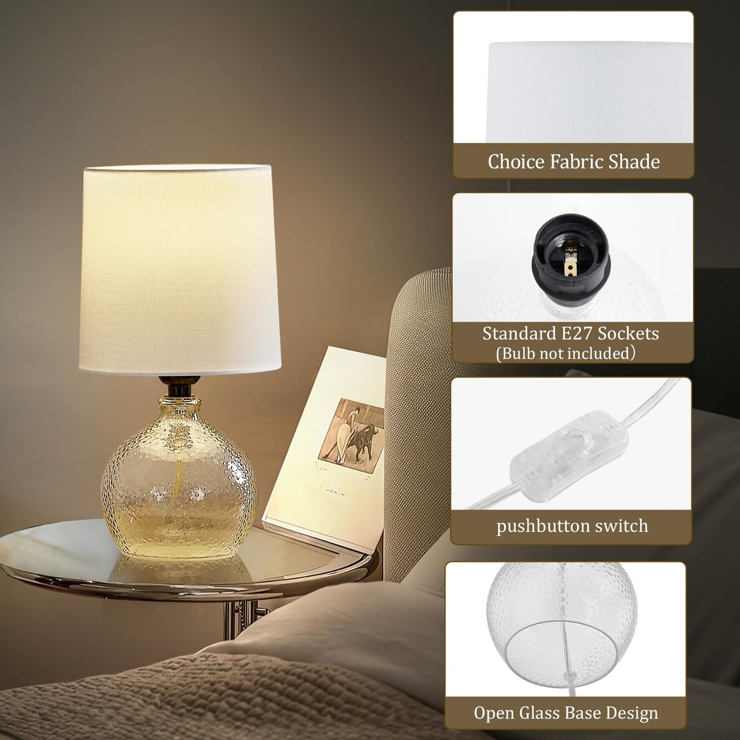 Set of 2 Glass Table Lamps with White Fabric Shades