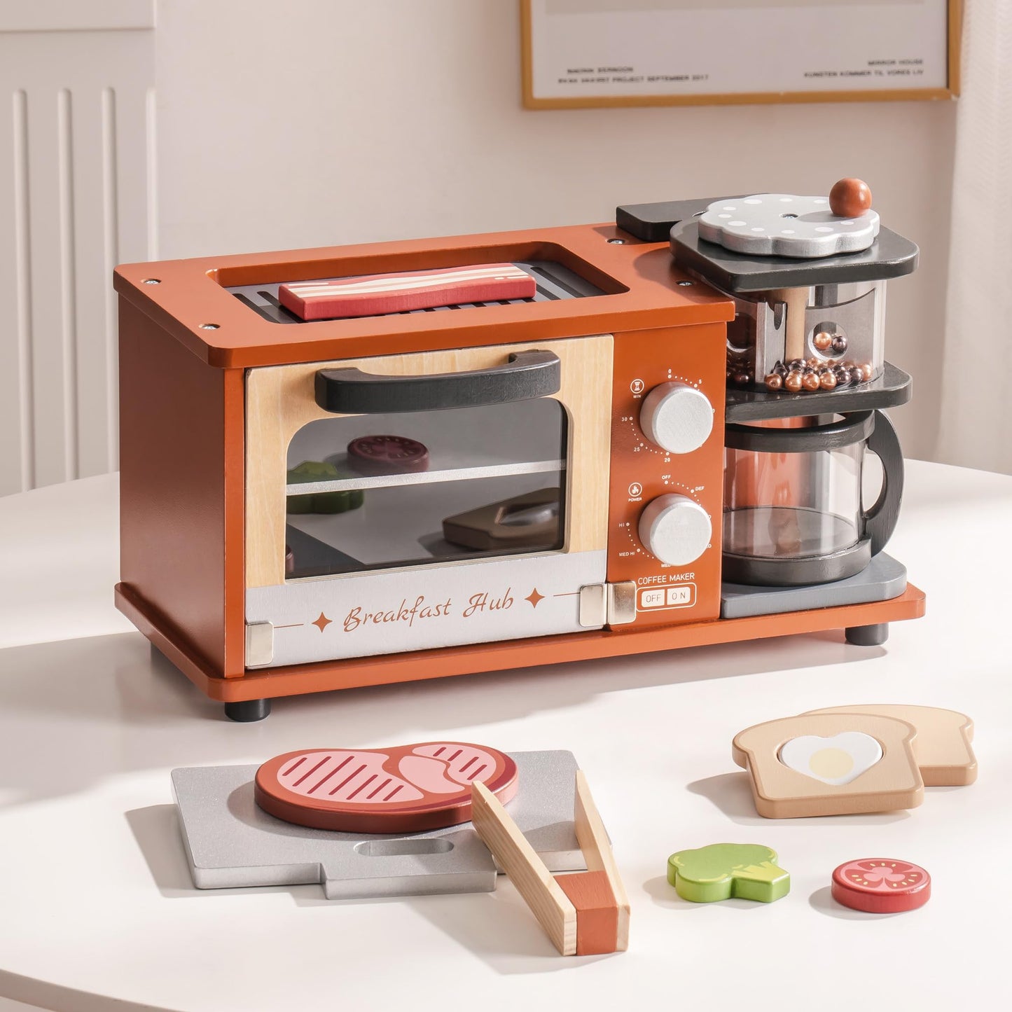 Wooden Play Kitchen Set with Coffee Machine, Oven & Griddle