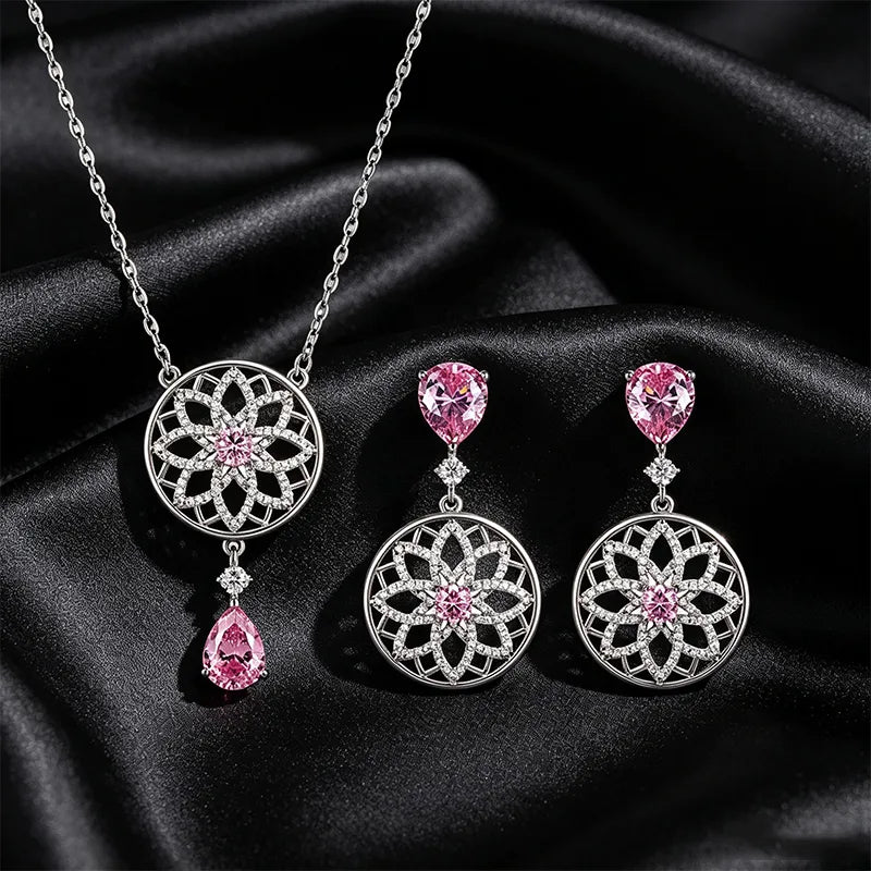 🌸 Pink Diamanté Necklace & Earrings Set 🌸