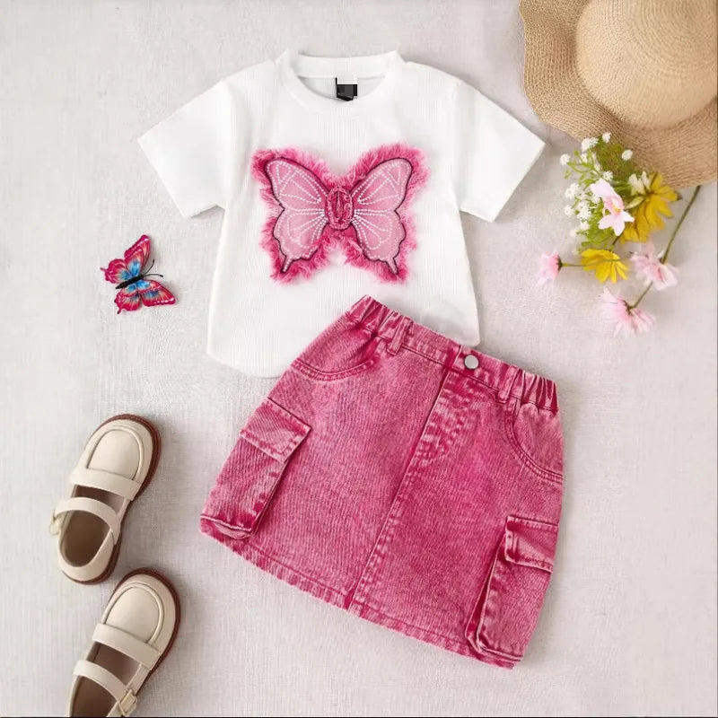 🦋🌸 Girls' Denim Butterfly Skirt Co-Ord Set 🌸🦋