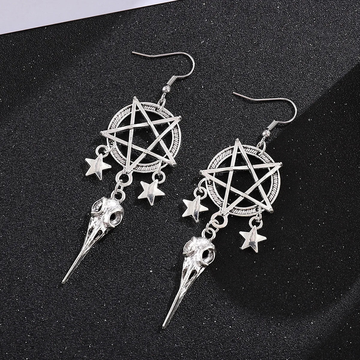 🖤 Gothic Pentagram & Bird Skull Tassel Earrings 🖤