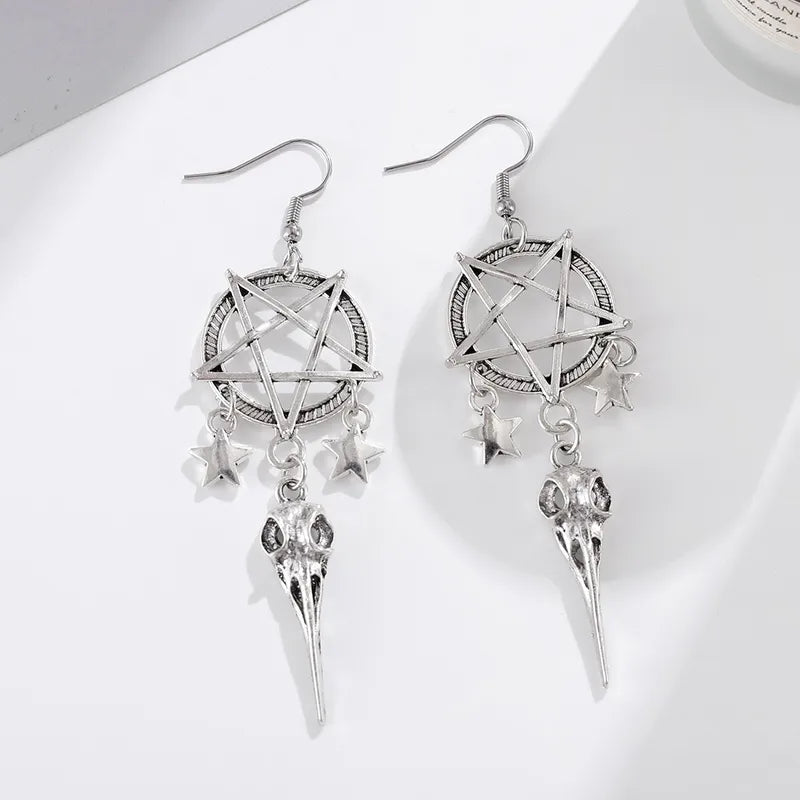 🖤 Gothic Pentagram & Bird Skull Tassel Earrings 🖤
