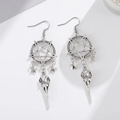 🖤 Gothic Pentagram & Bird Skull Tassel Earrings 🖤