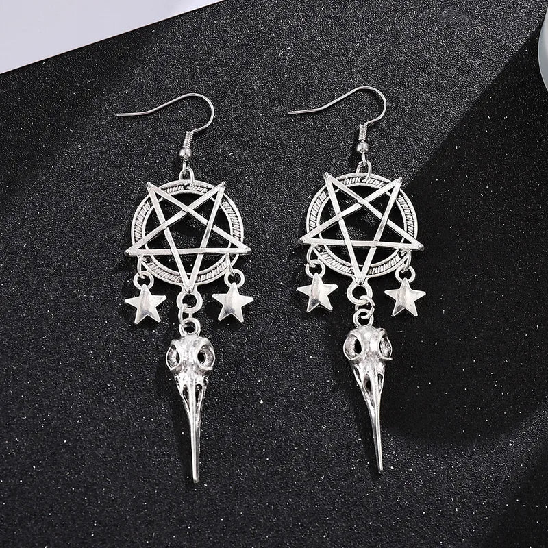 🖤 Gothic Pentagram & Bird Skull Tassel Earrings 🖤