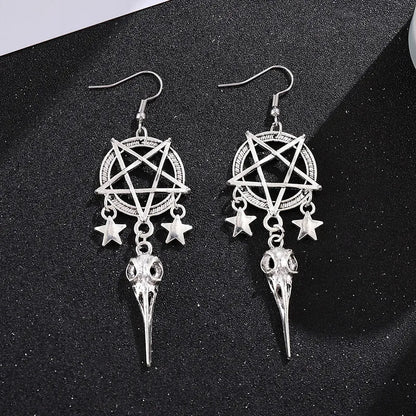 🖤 Gothic Pentagram & Bird Skull Tassel Earrings 🖤