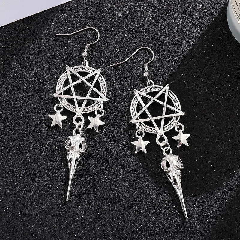 🖤 Gothic Pentagram & Bird Skull Tassel Earrings 🖤