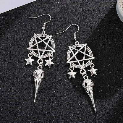 🖤 Gothic Pentagram & Bird Skull Tassel Earrings 🖤