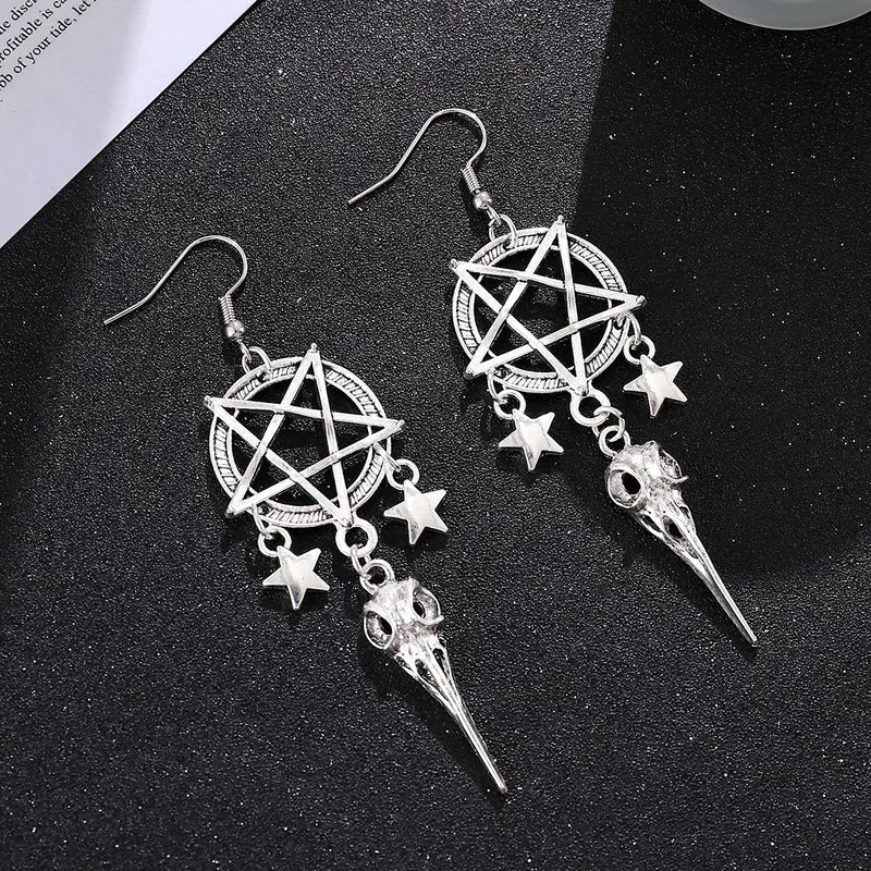 🖤 Gothic Pentagram & Bird Skull Tassel Earrings 🖤