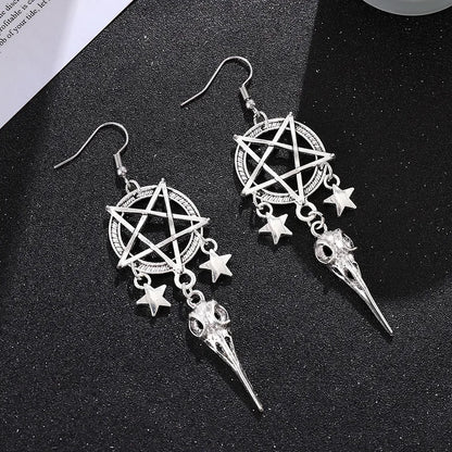 🖤 Gothic Pentagram & Bird Skull Tassel Earrings 🖤