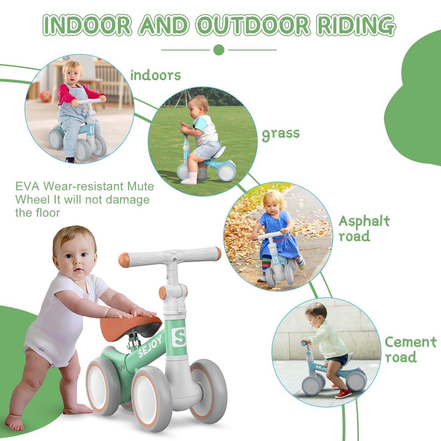 Green Adjustable Baby Balance Bike with Seat Handle