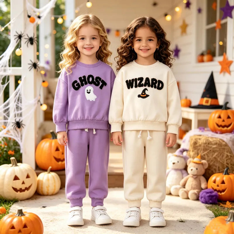 🧙 Purple Ghost & Beige Wizard Kids Tracksuits 👻