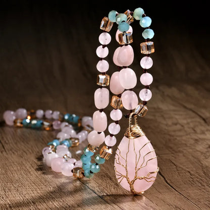 💖 Handmade Rose Quartz Sweet Water Droplet Heart Pendant Necklace 💖