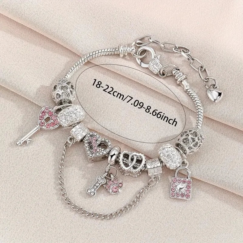 🦴 Pink & Silver Diamante Bone & Paw Print Charm Bracelet 🦴