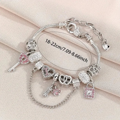 🦴 Pink & Silver Diamante Bone & Paw Print Charm Bracelet 🦴