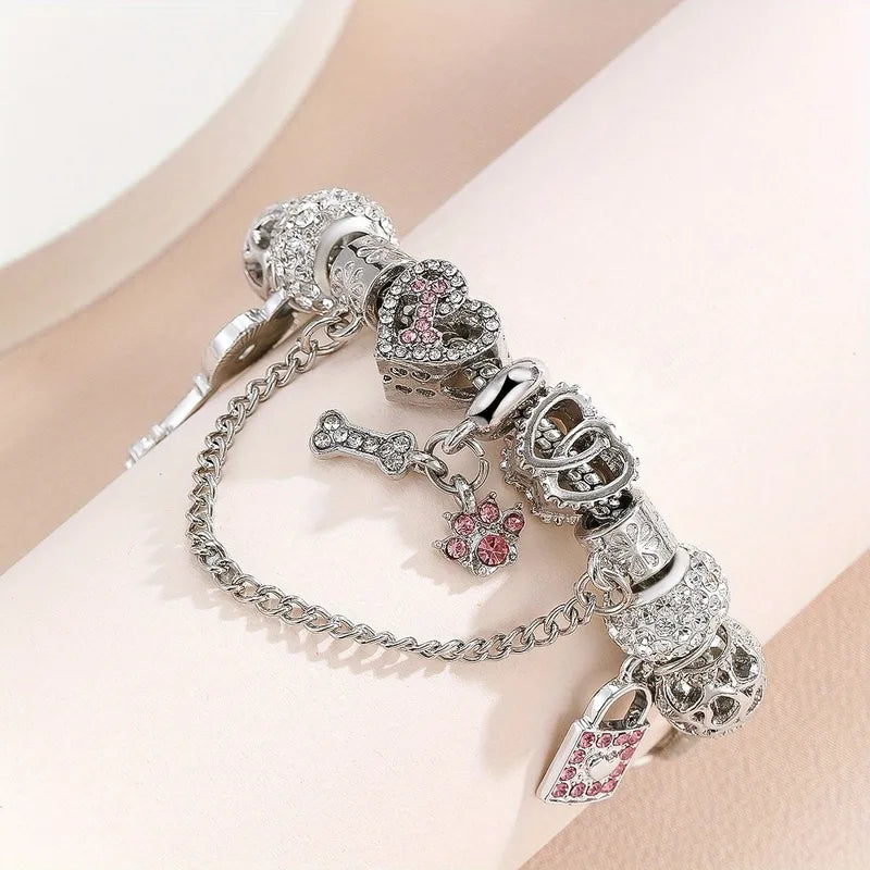 🦴 Pink & Silver Diamante Bone & Paw Print Charm Bracelet 🦴