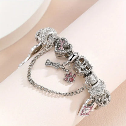 🦴 Pink & Silver Diamante Bone & Paw Print Charm Bracelet 🦴