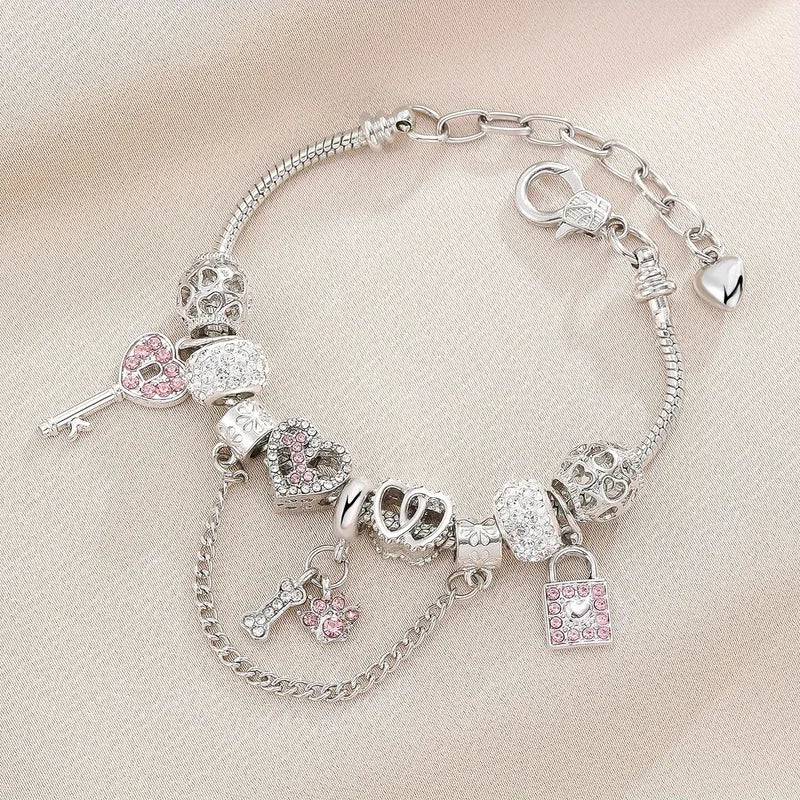 🦴 Pink & Silver Diamante Bone & Paw Print Charm Bracelet 🦴