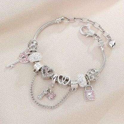 🦴 Pink & Silver Diamante Bone & Paw Print Charm Bracelet 🦴