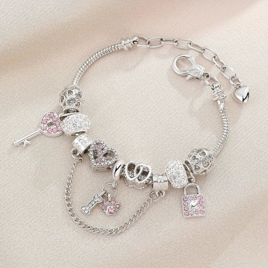 🦴 Pink & Silver Diamante Bone & Paw Print Charm Bracelet 🦴