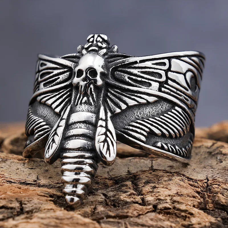 💀🦋 Distressed Silver Skull Midnight Moth Ring 🦋💀