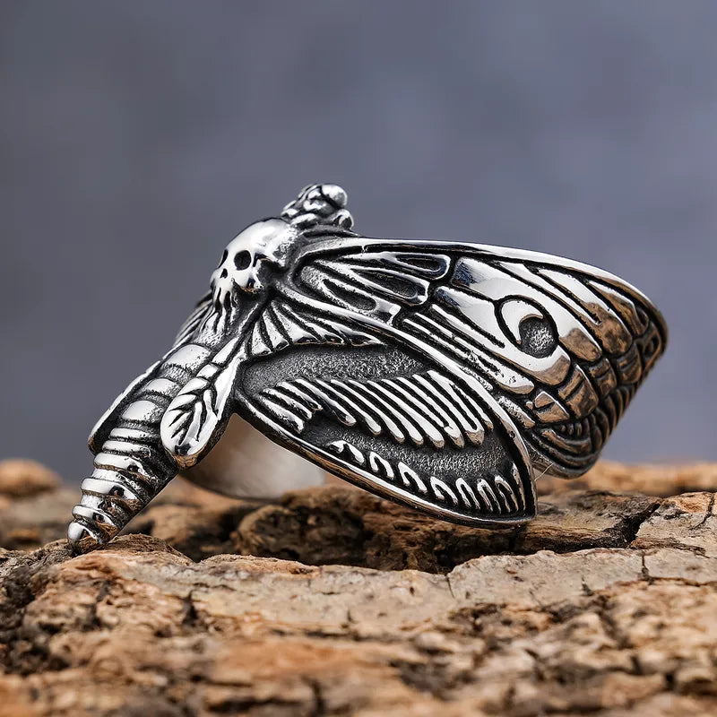 💀🦋 Distressed Silver Skull Midnight Moth Ring 🦋💀