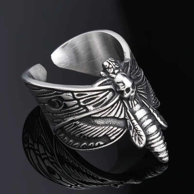 💀🦋 Distressed Silver Skull Midnight Moth Ring 🦋💀