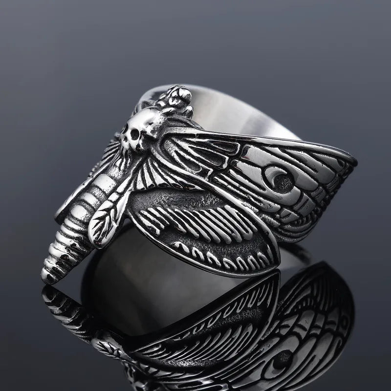 💀🦋 Distressed Silver Skull Midnight Moth Ring 🦋💀