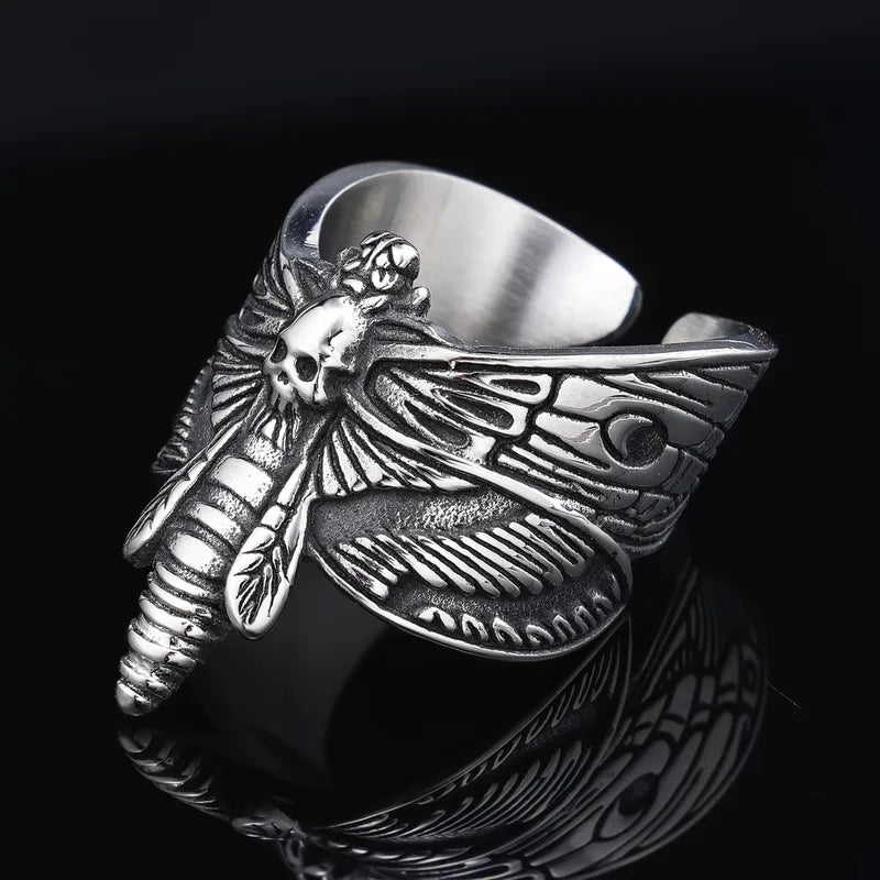 💀🦋 Distressed Silver Skull Midnight Moth Ring 🦋💀