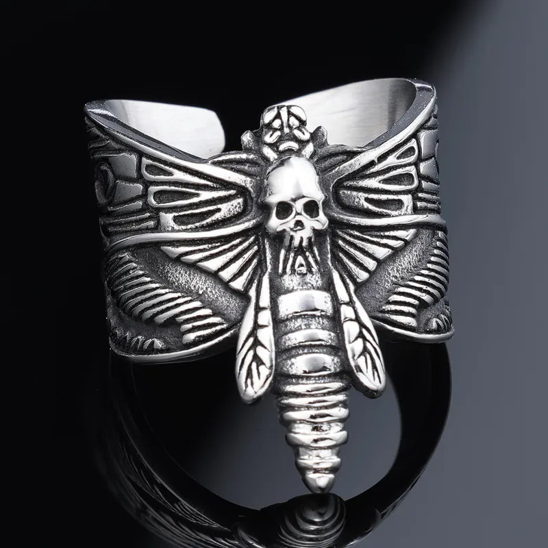 💀🦋 Distressed Silver Skull Midnight Moth Ring 🦋💀