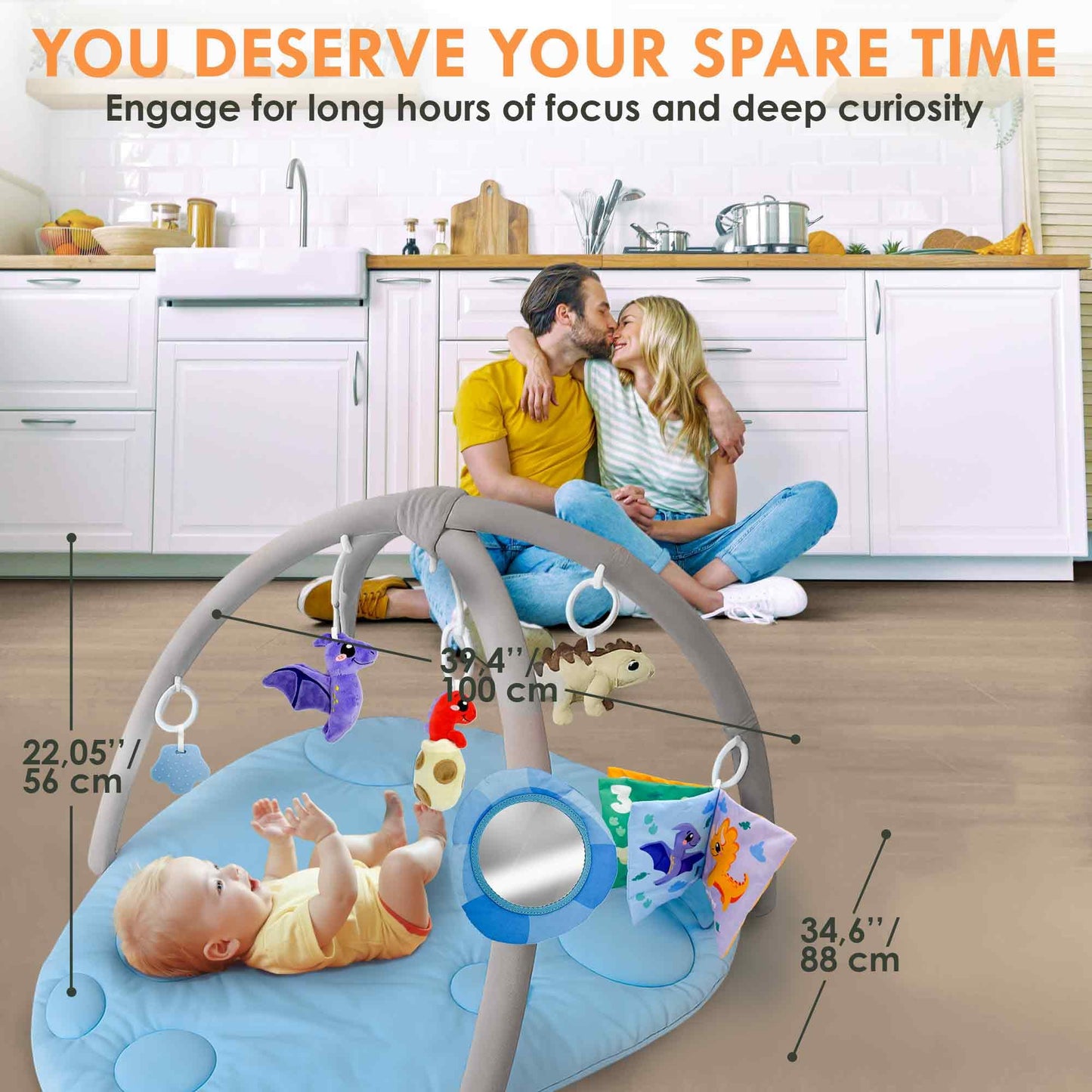 Baby Play Gym Mat Tummy Time Mat with 6 Sensory Toys - Dino