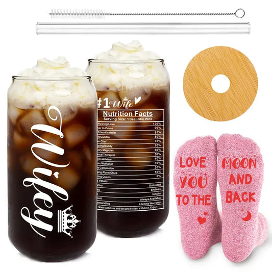 💖 Wife Tumbler Gift Set – Glass Cup & “Love You” Socks 💖