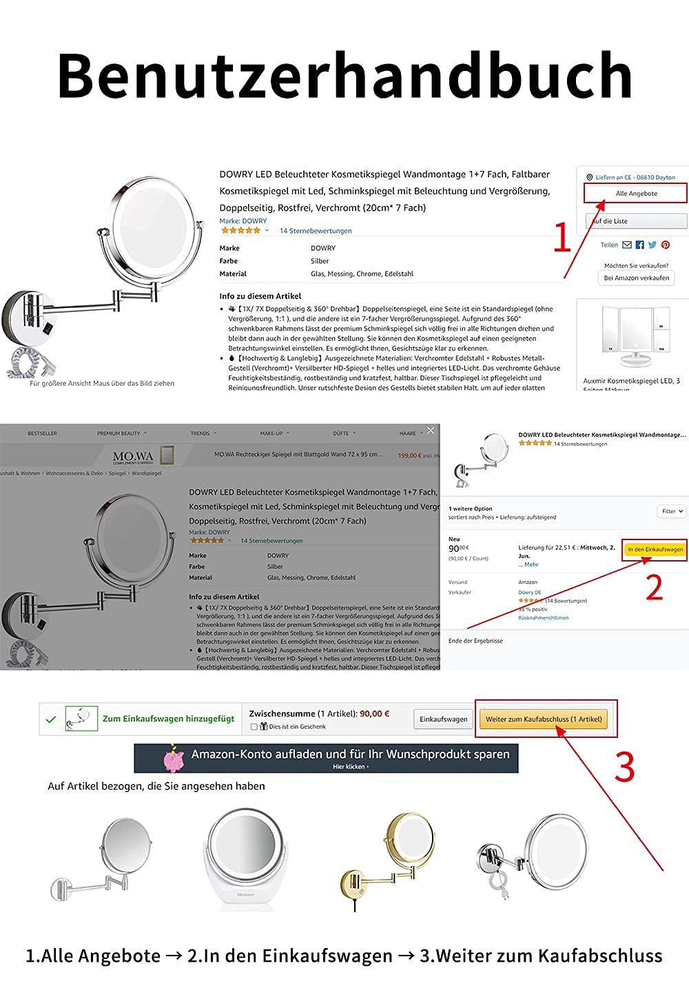 LED 20cm 360° Rotatable Wall Mounted Magnifying Mirror - Bronze