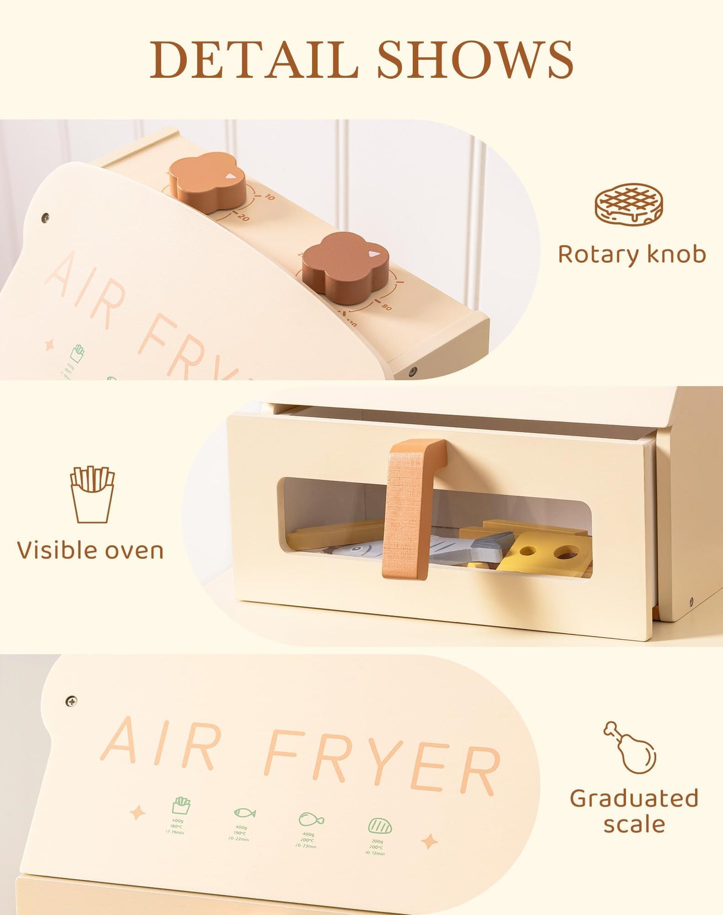 Wooden Play Kitchen Air Fryer Toy Set with Pretend Foods