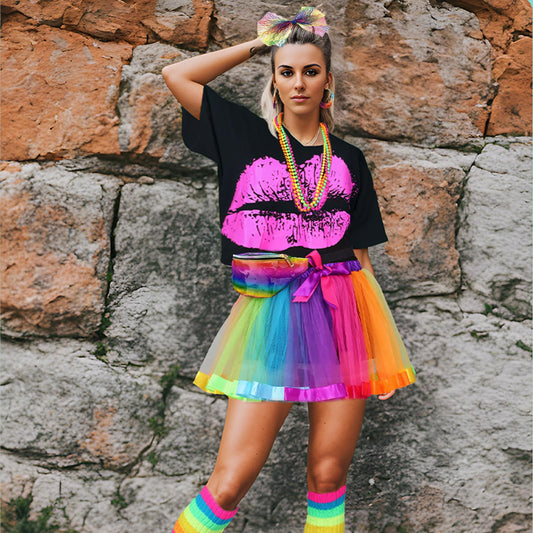 Adult 80s Fancy Dress Costume Set with Rainbow Accessories - Size L