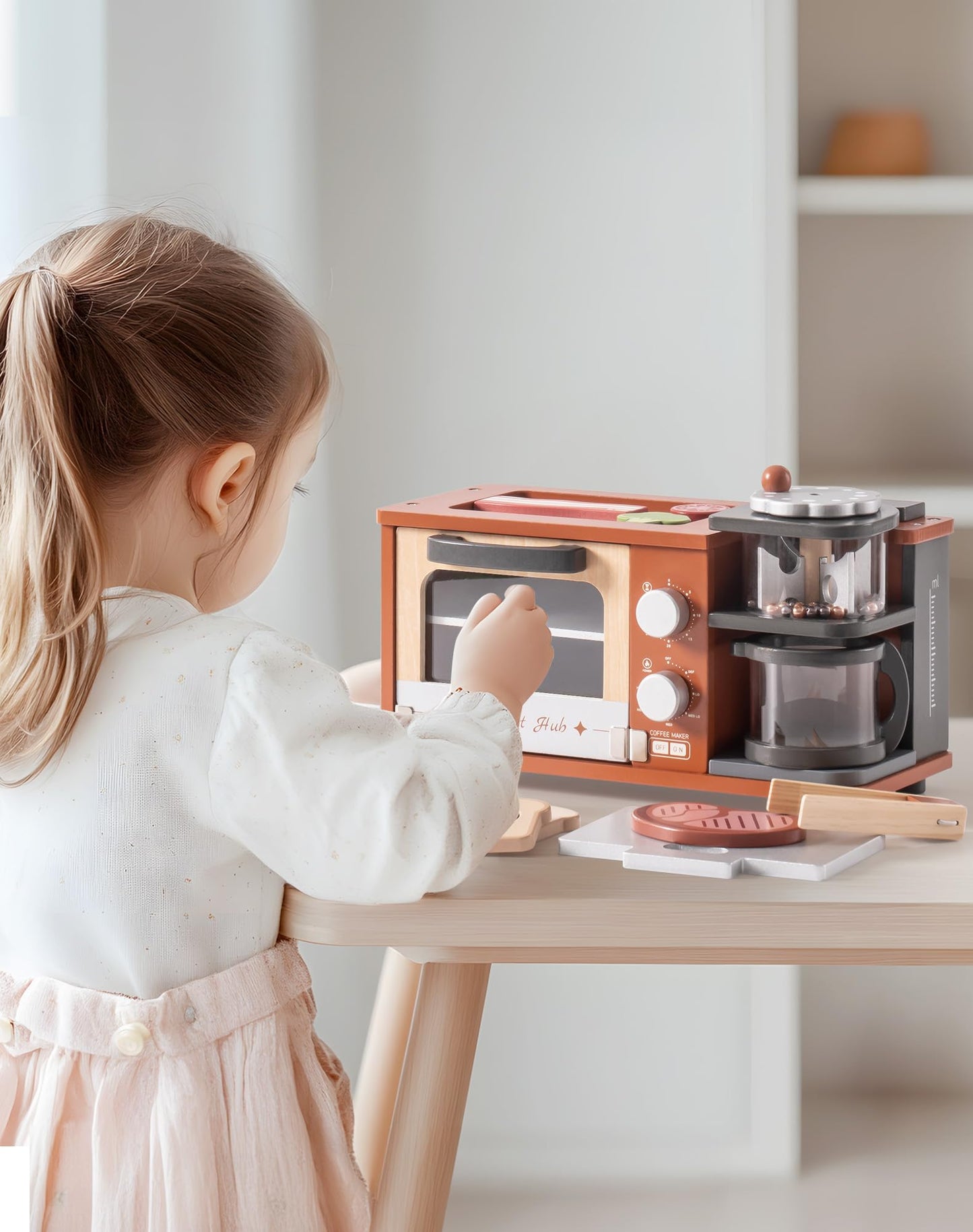 Wooden Play Kitchen Set with Coffee Machine, Oven & Griddle