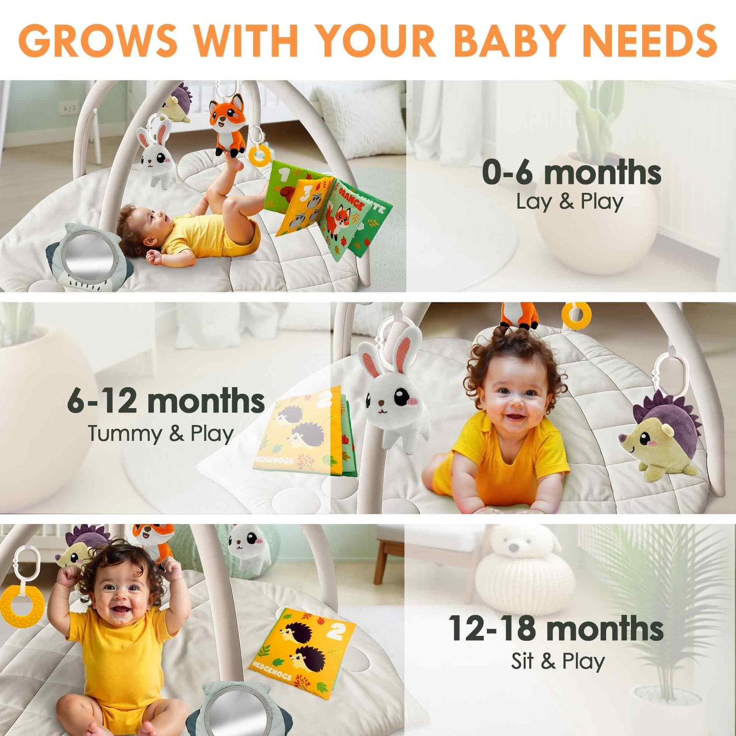 Baby Play Gym Mat with 6 Sensory Toys Acorn-Shaped Tummy Time Mat - Acorn