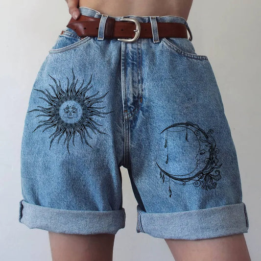 🌞🌙 Celestial Sun & Moon Jean Shorts 🌙🌞