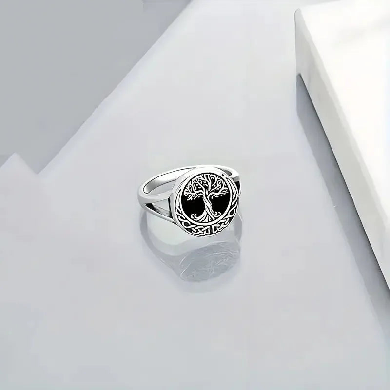 Tree of Life Silver & Black Ring