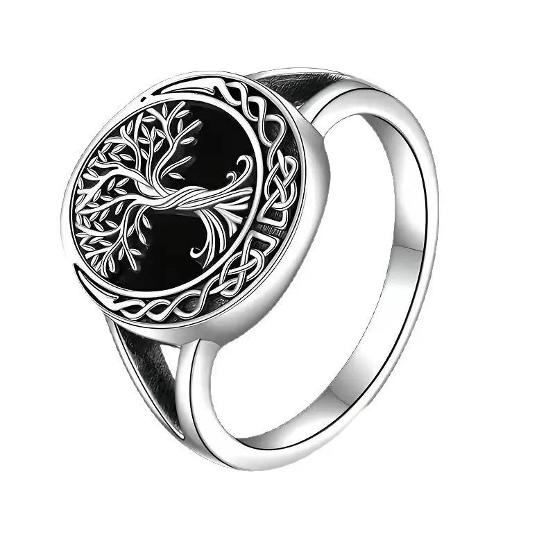 Tree of Life Silver & Black Ring